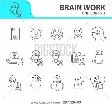 Brain Work Line Icon Set. Human Head, Gear, Psychologist Office. Psychology Concept. Can Be Used For