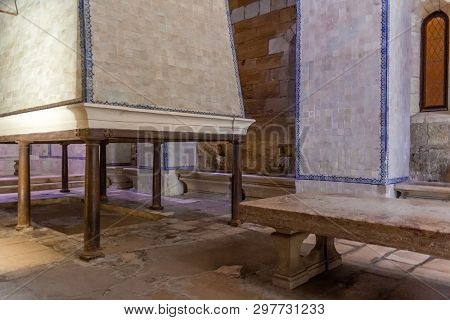 Alcobaca, Portugal - July 17, 2017: Kitchen of Monastery of Santa Maria de Alcobaca Abbey. Masterpiece of Medieval Gothic architecture. Cistercian Religious Order