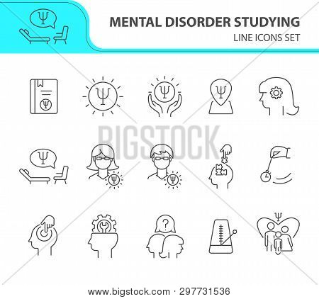 Mental Disorder Studying Line Icon Set. Psychologist, Hypnosis, Metronome. Psychology Concept. Can B