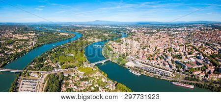 Rhone River Aerial Panoramic View In Avignon. Avignon Is A City On The Rhone River In Southern Franc