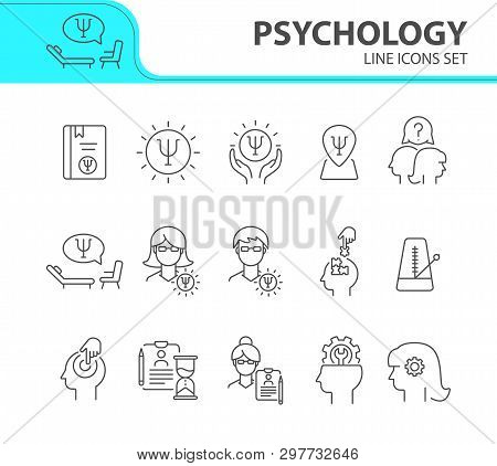 Psychology Line Icon Set. Man, Woman, Head, Gear. Mental Science Concept. Can Be Used For Topics Lik