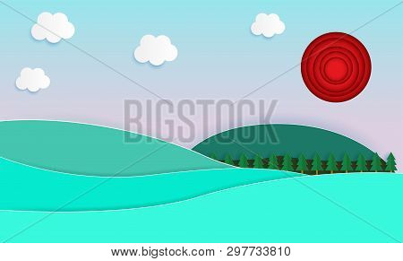 Nature Landscape Background, Paper Cut Style, Beautiful Summer And Natural Pastel Color Scheme Backg