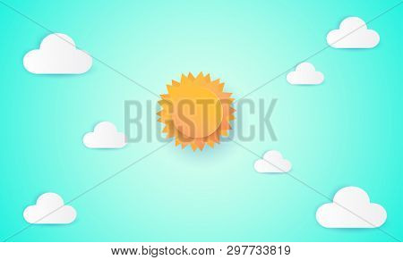 Paper Art Of Sun And Cloud On Blue Sky. Paper Cut Style, Abstract Background Composed Of White Paper