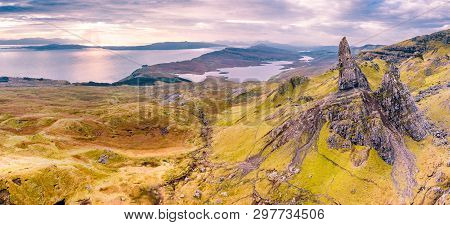 Aerial View Of The Old Man Of Storr And The Storr Cliffs On The Isle Of Skye In Autumn, Scotland, Un