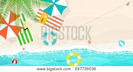 Happy Summer,beach Blue Wave,umbrella Beach Balls Swim Ring Vector