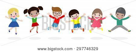 Kids Jumping On The Park, Children Jump With Joy, Happy Cartoon Child Playing On The Playground, Iso