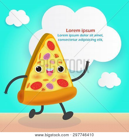 Pizza Slice Funny. Fastfood. Pizza Poster Design. Vector Illustration Cartoon Character Isolated On 