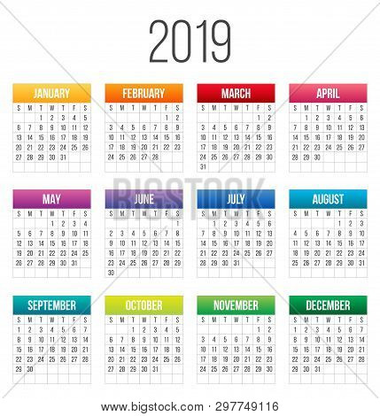 Creative Vector Illustration Of 2019 Year Colorful Calendar Isolated On Transparent Background. Art 