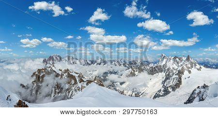 Mont Blanc Rocky Mountain Massif Summer View From Aiguille Du Midi Mount, Chamonix, French Alps