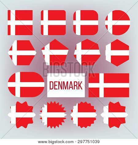 Danish National Colors, Insignia Icons Set. Danish State Flag, European Country Official Symbolics. 