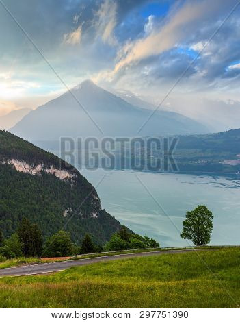 Lake Brienz Or Brienzersee Evening Sunset Cloudy Summer Top View, Berne, Switzerland