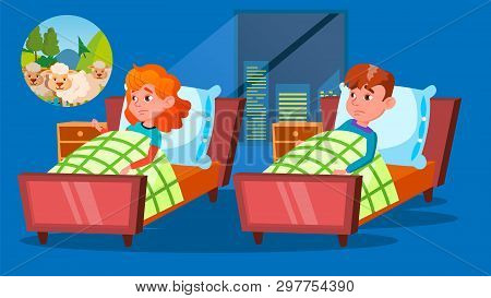 Children Having Insomnia Problem Cartoon Characters. Little Girl Counting Sheeps In Bed. Brother And