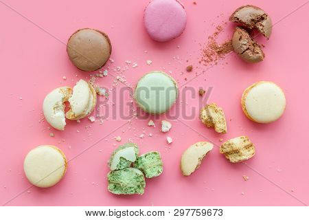 Brignt Macarons For Sweet Break On Pink Background Top View Pattern