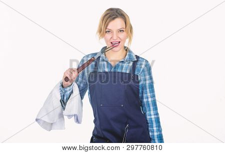 Cooking Meat In Park. Barbecue Master. Woman Checkered Shirt And Apron For Cooking White Background.