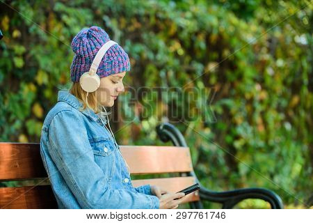 Audio Book. Style Smusic. Relax In Park With Audio Book. Hipster Girl With Mp3 Player. Listen Music 