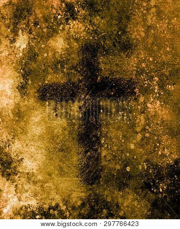 Simple Cross Symbol, Pencil Drawing On Abstract Background.
