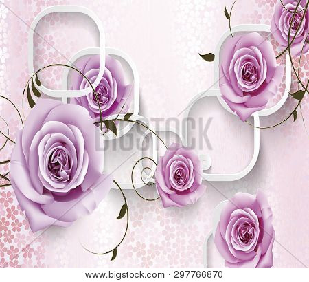 3d Illustration, Light Background With Large Buds Of Purple Roses