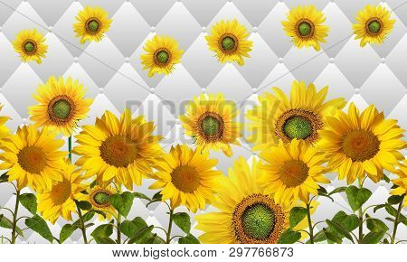 3d Illustration, Light Background, Upholstery, Large Sunflowers