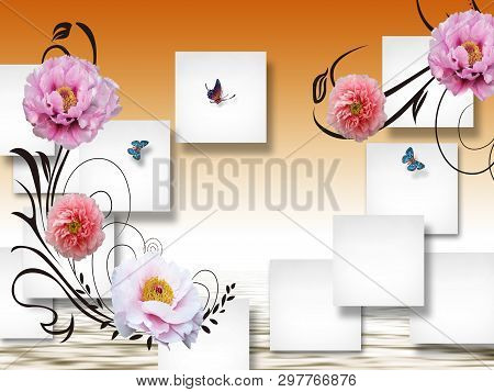 3d Illustration, Gradient Background, White Squares, Peonies, Butterflies