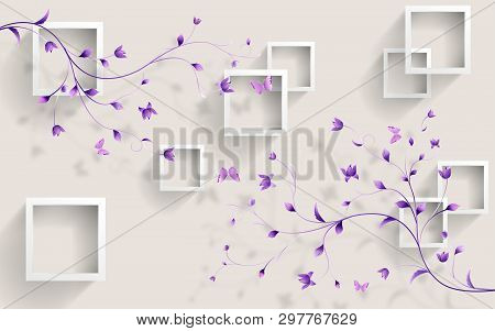 3d Illustration, Background With Fantastic Plants And Butterflies