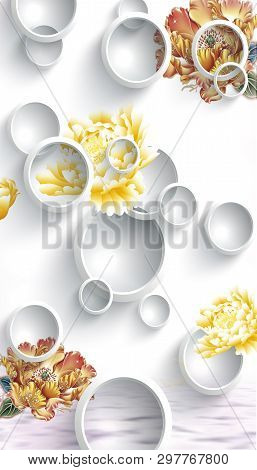 3d Illustration, White Background, White Rings And Wonderful Flowers