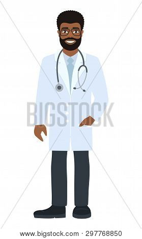 Cheerful Male Doctor Doctor With Glasses And A Stethoscope. Smiling Afro Man In Medical Uniform. Car
