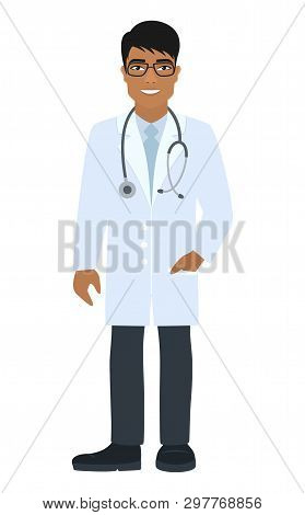 Cheerful Male Doctor Doctor With Glasses And A Stethoscope. Smiling Asian Man In Medical Uniform. Ca