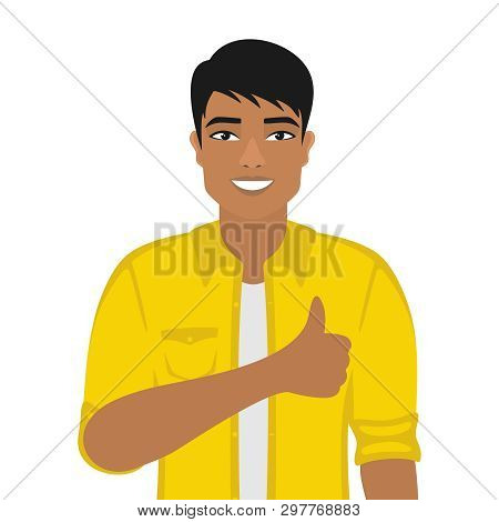 Happy Smiling Man Shows Thumbs Up. Gesture, Symbol Or Sign Like, Cool, Agree, Approve. Bearded Dark-