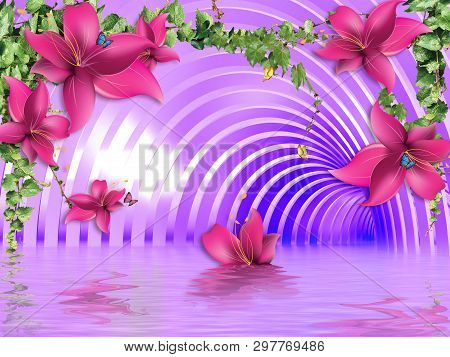3d Illustration, Purple Background, Tunnel, Flowers, Ivy, Reflection In Water