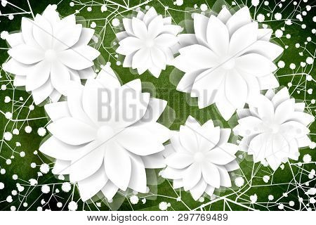 White Paper Flowers On A Green Background