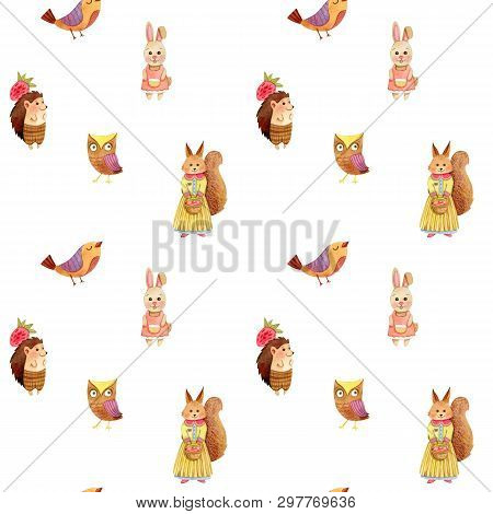 Watercolor Cute Cartoon Animals Texture (background, Seamless Pattern, Backdrop) - Fox, Squirrel, He