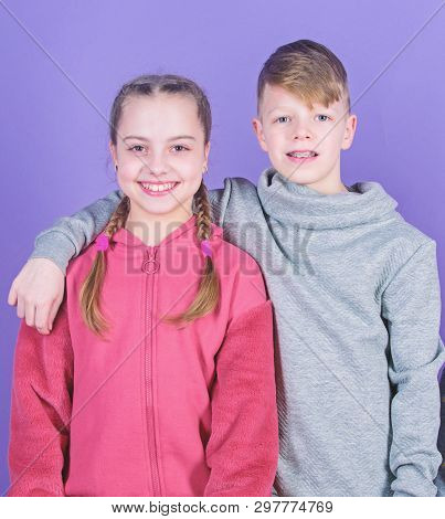 Teens Friends. Girl And Boy True Friendship. Children Smiling Faces On Violet Background. Friends Hu