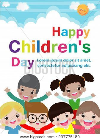 Happy Children Day Background, Template For Advertising Brochure, Your Text,kids And Frame Vector Il
