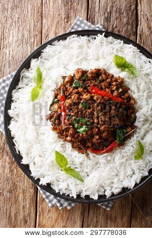 Basil Chicken (gai Pad Krapow) - Chicken, Garlic, Shallots, Sweet Soy Sauce, Basil And Rice Close-up