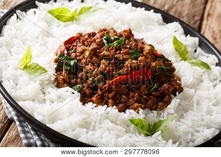 Basil Chicken (gai Pad Krapow) - Chicken, Garlic, Shallots, Sweet Soy Sauce, Basil And Rice Close-up