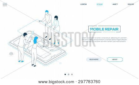 Mobile Repair Service - Line Design Style Isometric Web Banner