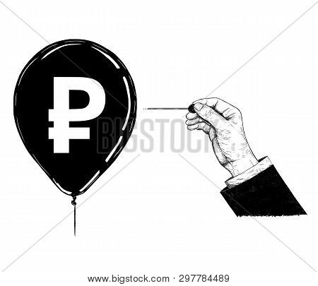 Cartoon Drawing Conceptual Illustration Of Hand Of Businessman With Needle Or Pin Popping Russian Ru