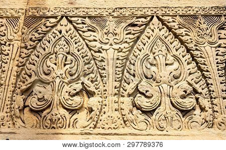 The Very Deep And Most Beautiful Of Sandstone Sculptured At Pimai Castle In Thailand.