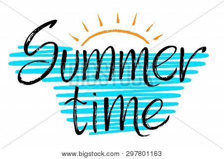 Dry Brush Lettering Composition With Text Summer Time. Logo Design Isolated On White Background. Vec