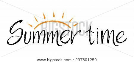 Dry Brush Lettering Composition With Text Summer Time. Logo Design Isolated On White Background. Vec