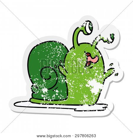 freehand drawn distressed sticker cartoon of a slimy snail