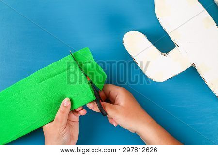 Diy Cinco De Mayo Mexican Pinata Cactus Made Cardboard And Crepe Paper Your Own Hands On A Blue Back