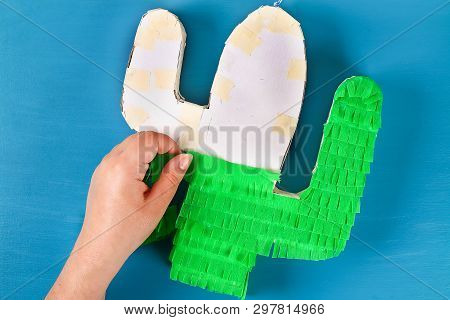 Diy Cinco De Mayo Mexican Pinata Cactus Made Cardboard And Crepe Paper Your Own Hands On A Blue Back
