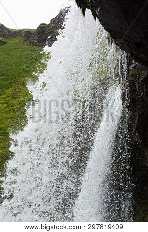 Klifbrekkufossar Falls In Summer Season View, Iceland. Icelandic Landscape.