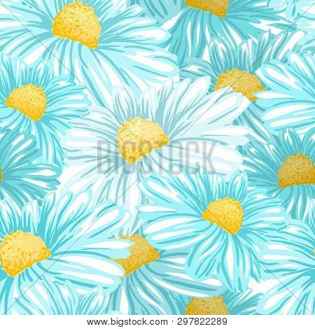 Daisy Or Chamomile Tea Herb Flower Seamless Pattern. Herbal Therapy Wallpaper. Botany Plant, Matrica