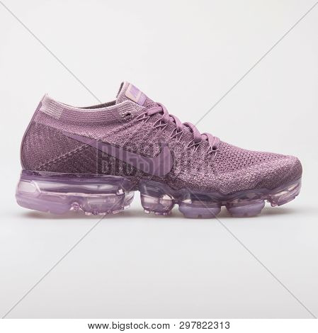Vienna, Austria - August 7, 2017: Nike Air Vapormax Flyknit Violet Sneaker On White Background.