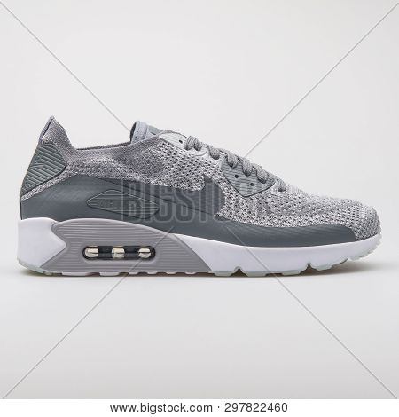 Vienna, Austria - August 7, 2017: Nike Air Max 90 Ultra 2.0 Flyknit Grey Sneaker On White Background