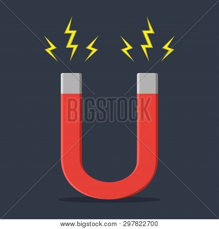 Red Horseshoe Magnet With Magnetic Power. Magnetism, Magnetize, Attraction Concept. Template Design 