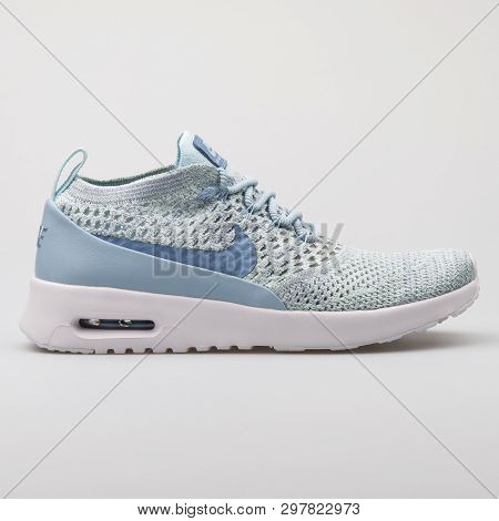 Vienna, Austria - August 7, 2017: Nike Air Max Thea Ultra Flyknit Blue Sneaker On White Background.