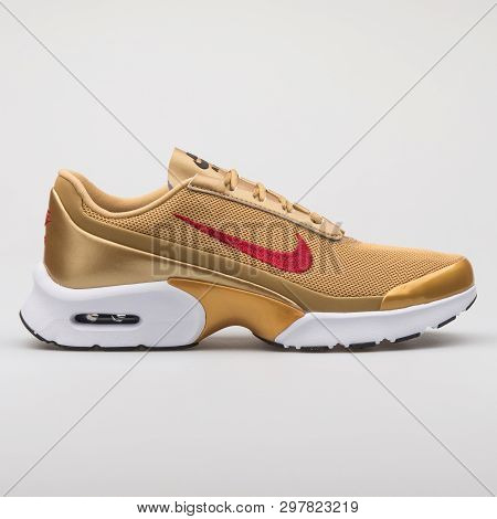 Vienna, Austria - August 7, 2017: Nike Air Max Jewell Qs Gold Sneaker On White Background.